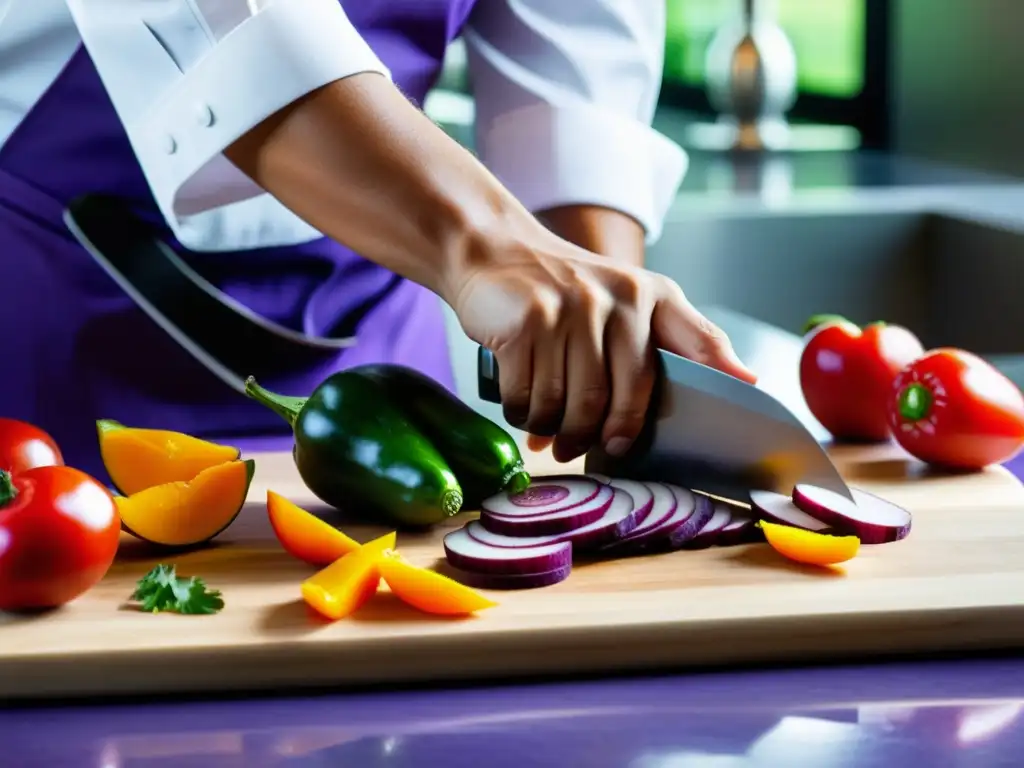 Un chef corta berenjenas y pimientos en un balcón, destacando texturas y colores