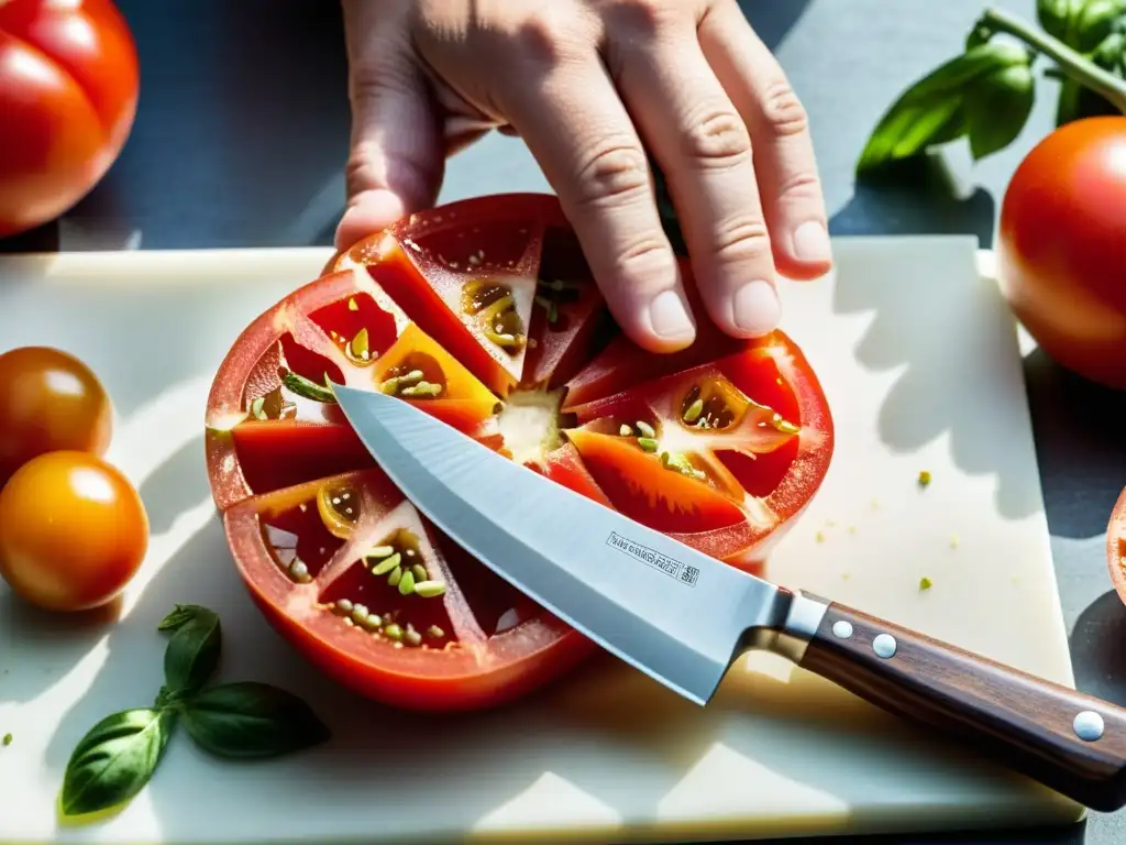 Un chef corta expertamente un tomate maduro en una tabla minimalista, preparando tomates de terraza en casa