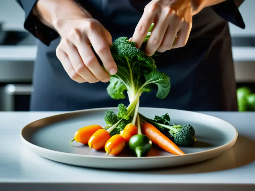 Un chef arregla con cuidado vibrantes vegetales de agricultura urbana en un plato minimalista, destacando un pairing innovador de ingredientes