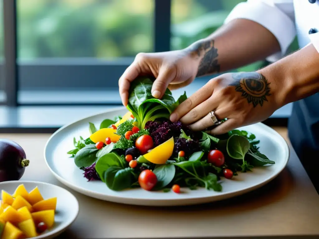 Un chef crea una ensalada colorida con ingredientes de agricultura urbana, resaltando maridajes con ingredientes agricultura urbana