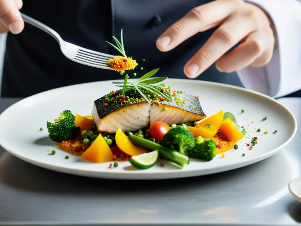 Un chef experimentado sazona con precisión un elegante plato de pescado de cultivo urbano con vegetales y hierbas vibrantes