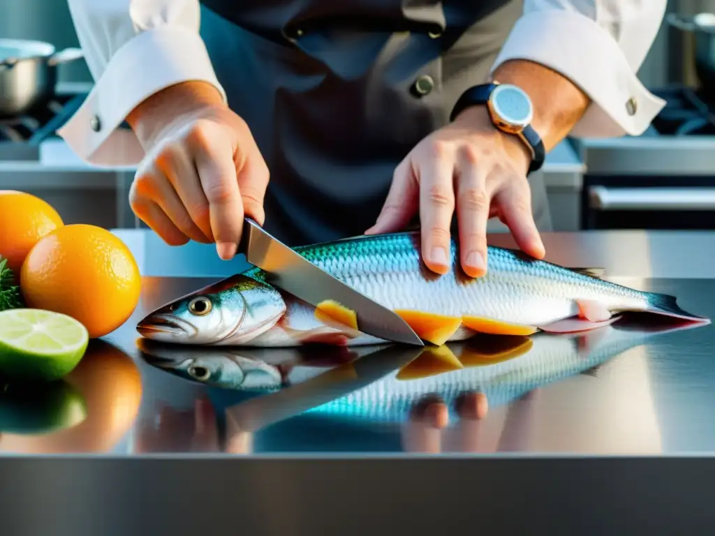 Un chef experto fileteando un pescado fresco en una encimera de acero inoxidable