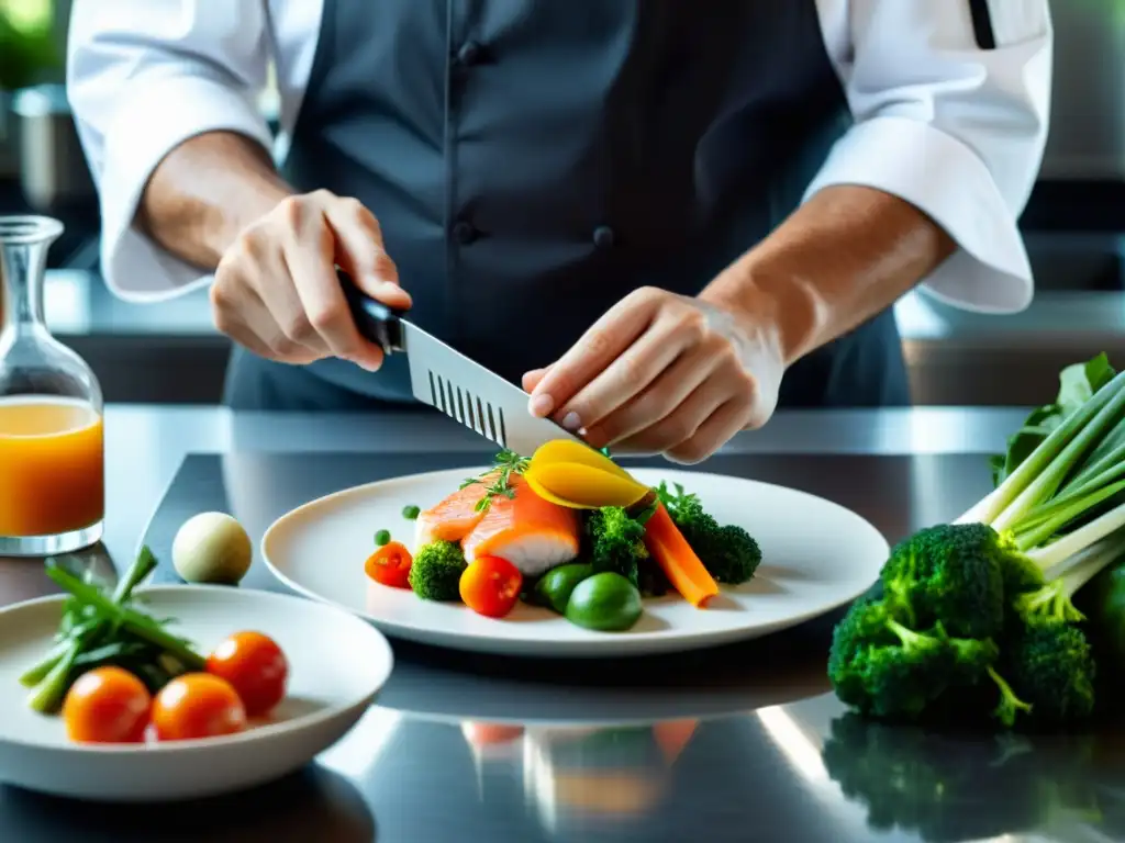 Un chef experto prepara un plato gourmet con pescado fresco y verduras orgánicas en una cocina moderna