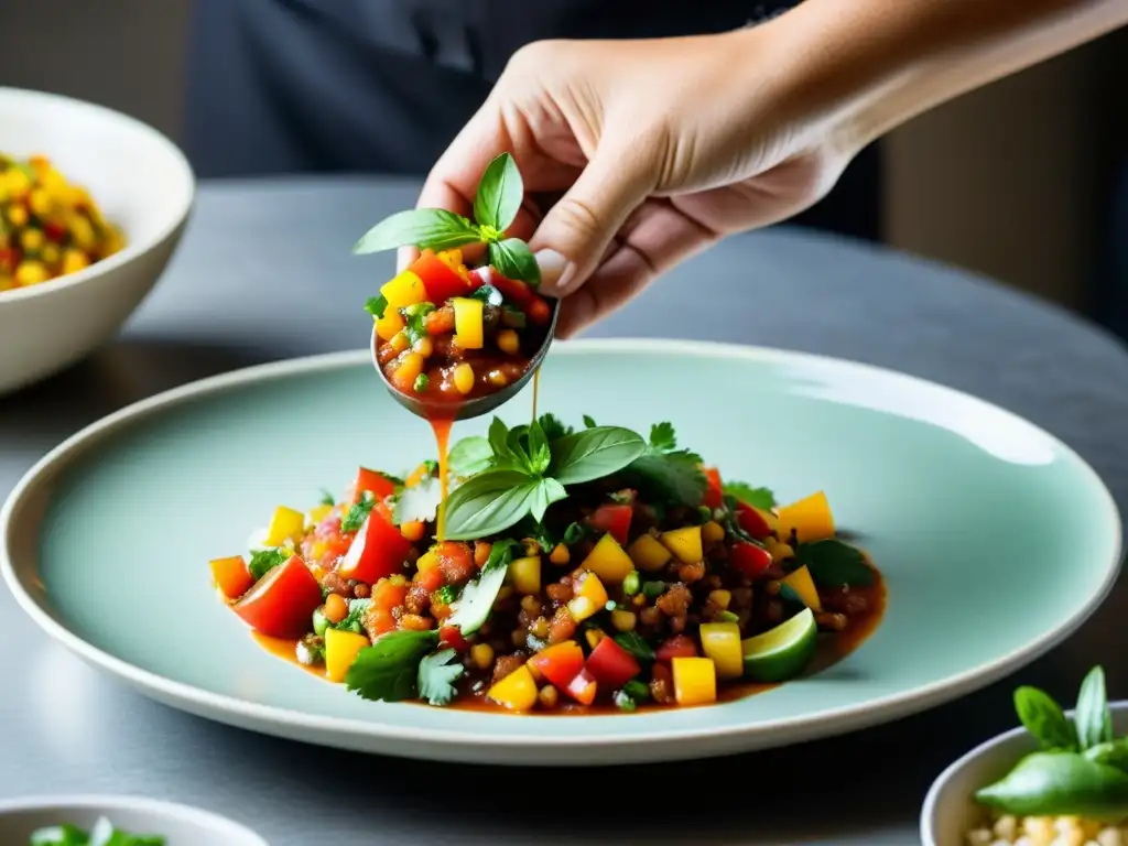 Chef experto en acción: Salsa casera sobre vegetales urbanos Un chef experto preparando una salsa casera sobre un plato de vegetales frescos, creando una experiencia culinaria inolvidable