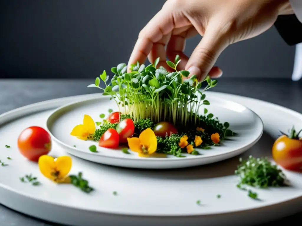 Un chef coloca meticulosamente ingredientes de acuaponía en un plato blanco, mostrando arte culinario sostenible