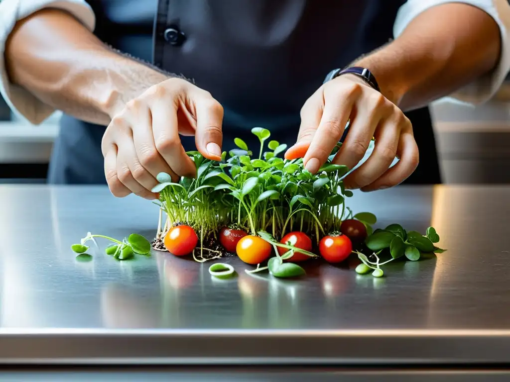 Un chef crea un innovador pairing con ingredientes agricultura urbana en una cocina moderna y brillante, irradiando frescura y creatividad