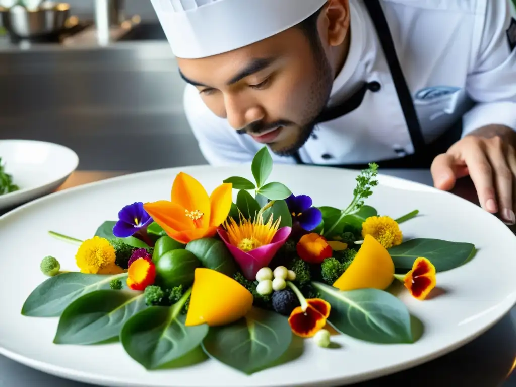 Un chef crea un plato visualmente impresionante con ingredientes de acuaponía, combinando arte culinario y prácticas agrícolas sostenibles