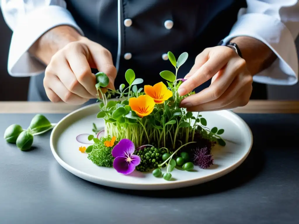 Un chef organiza con precisión ingredientes agricultura urbana para un emplatado innovador