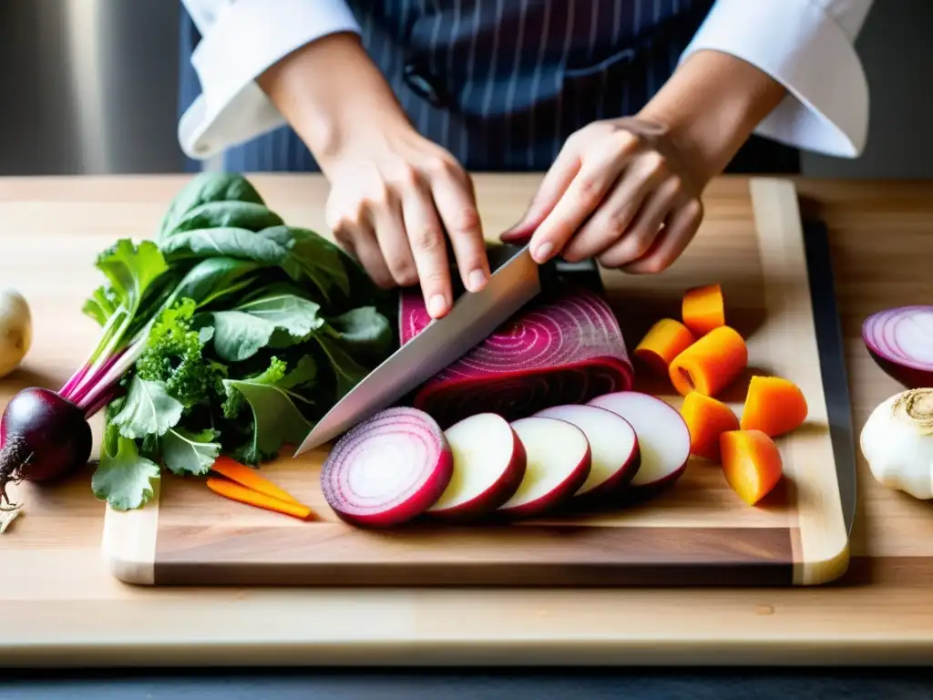 Un chef corta habilidosamente raíces urbanas frescas en una tabla