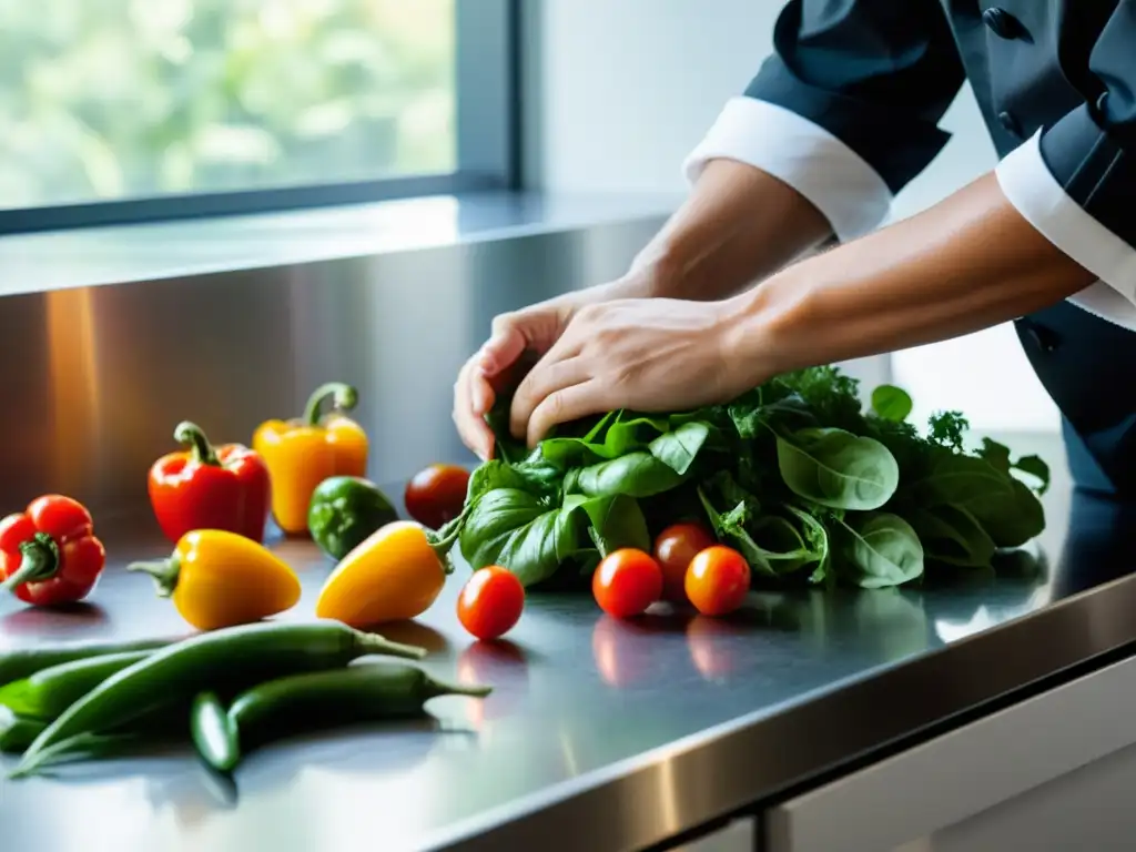 Un chef prepara recetas nutritivas huerto vertical con cuidado, armando una colorida selección de vegetales frescos en la cocina