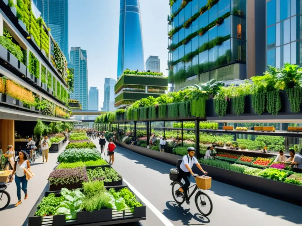 Una ciudad bulliciosa con rascacielos y agricultura urbana futurista, integrando la sostenibilidad en la vida urbana