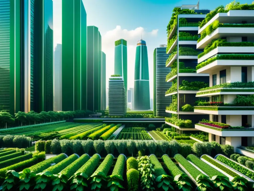 Una ciudad futurista con agricultura vertical en zonas urbanas, donde rascacielos se cubren de exuberante vegetación y granjas verticales