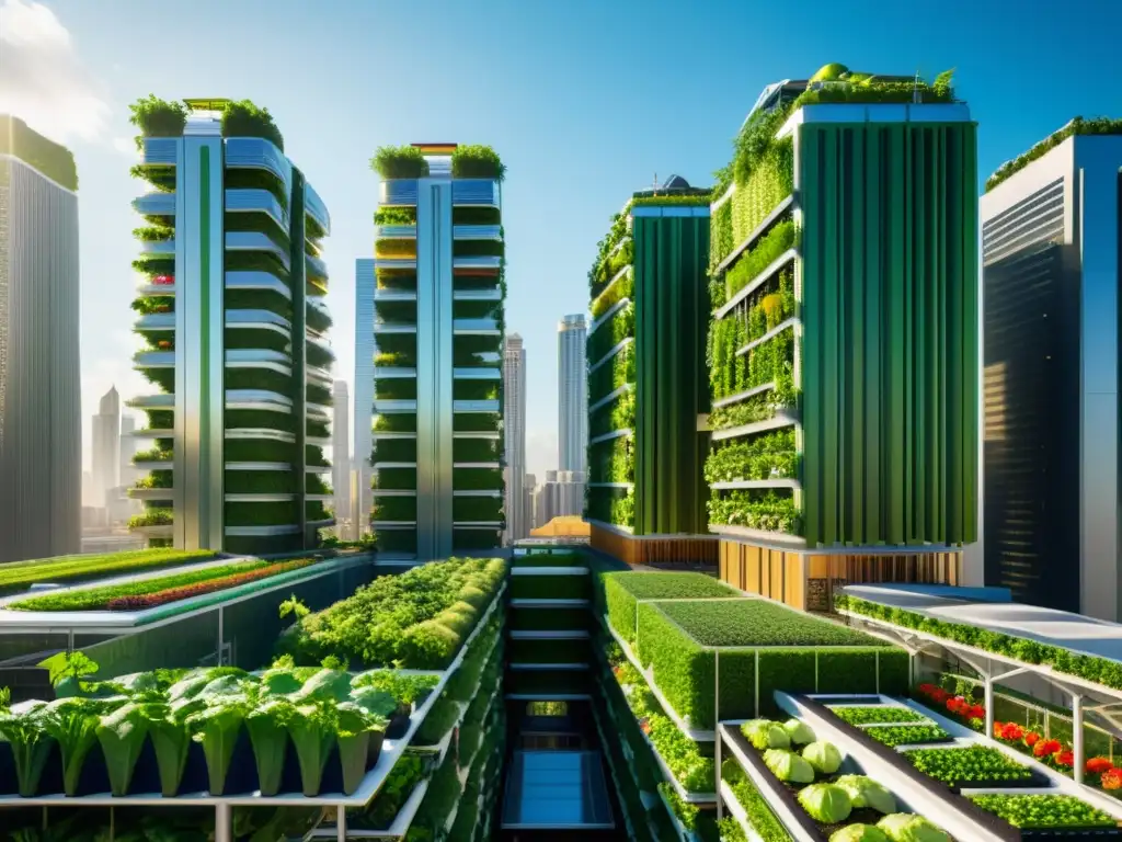 Una ciudad futurista con rascacielos que integran agricultura vertical en zonas urbanas, bañada por cálida luz solar