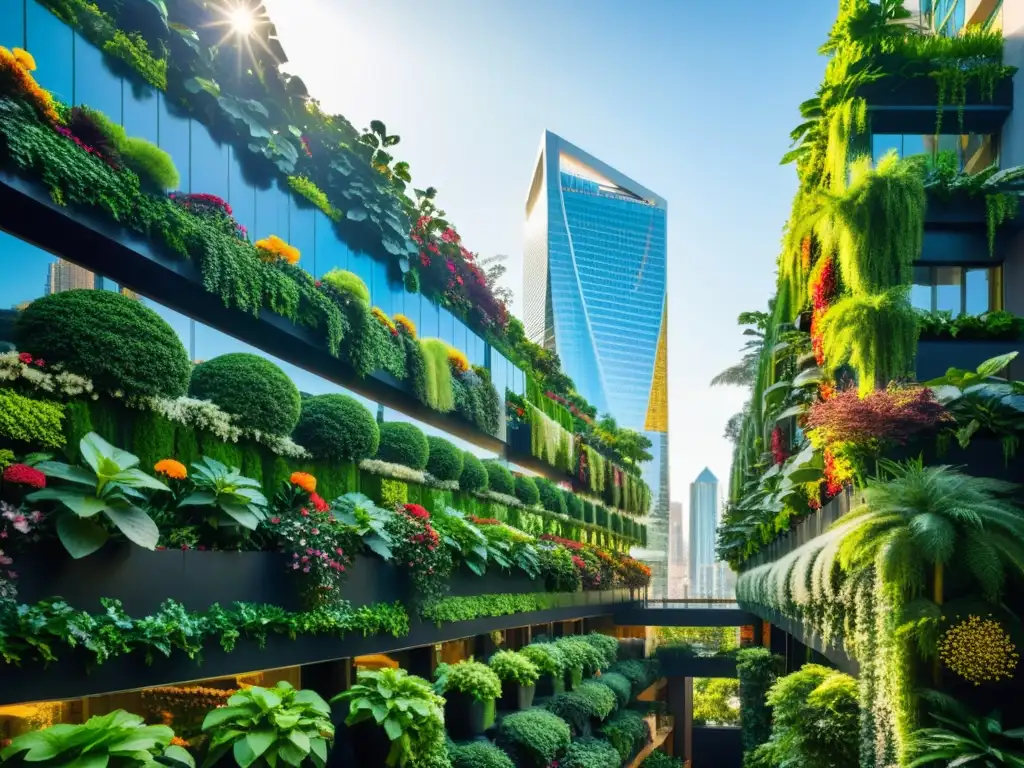 Jardines verticales: la armonía entre la ciudad y la naturaleza Una ciudad moderna llena de rascacielos con huertos verticales exuberantes, desafíos y oportunidades huertos verticales