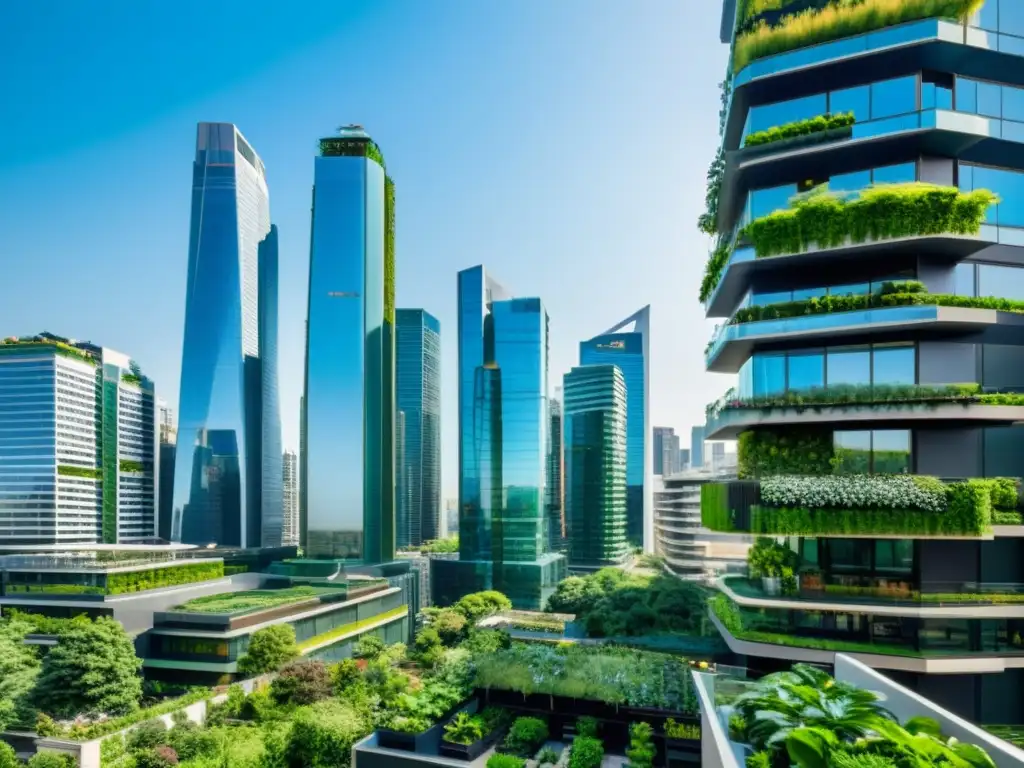 La ciudad moderna con rascacielos de cristal y huertos verticales urbanos crea un ambiente innovador y sostenible