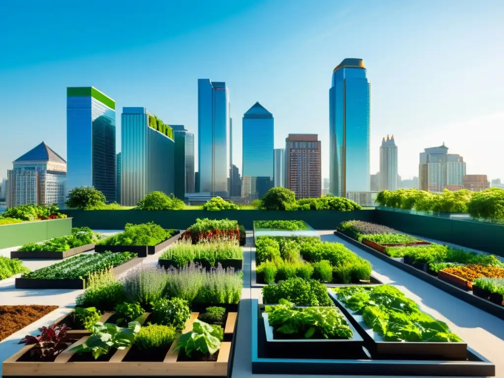 Una ciudad moderna con rascacielos y jardines en las azoteas, mostrando paralelismos entre agricultura urbana y crecimiento personal