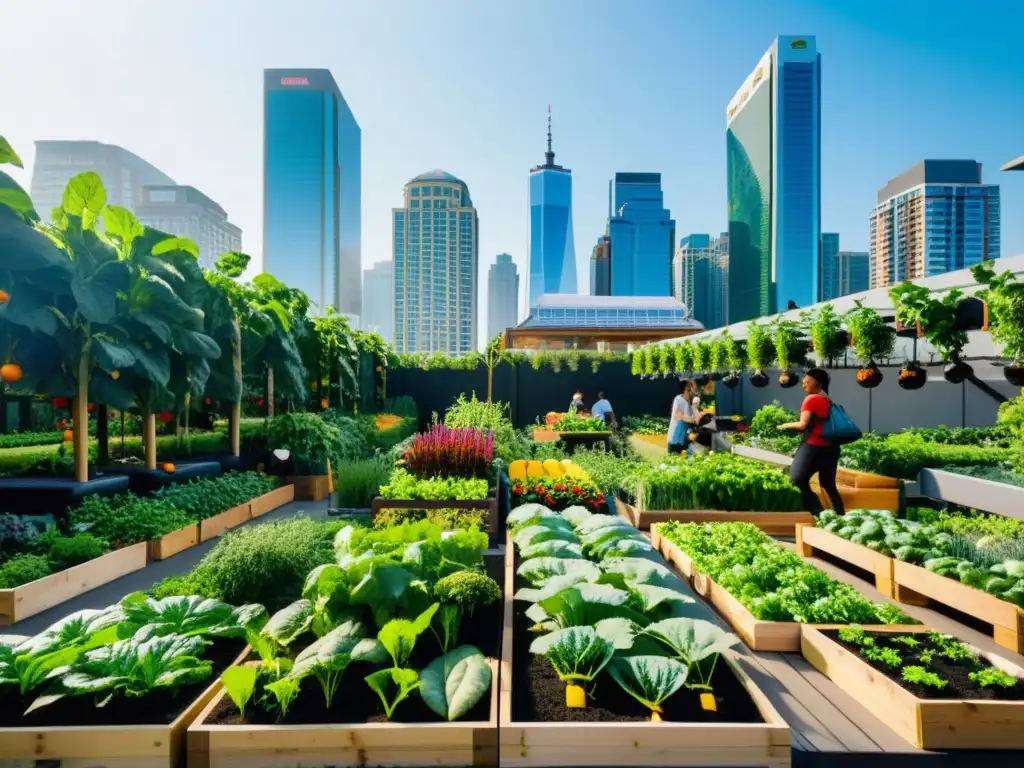 Una ciudad moderna y vibrante con rascacielos al fondo y un próspero jardín urbano en primer plano donde personas diversas cuidan de las plantas