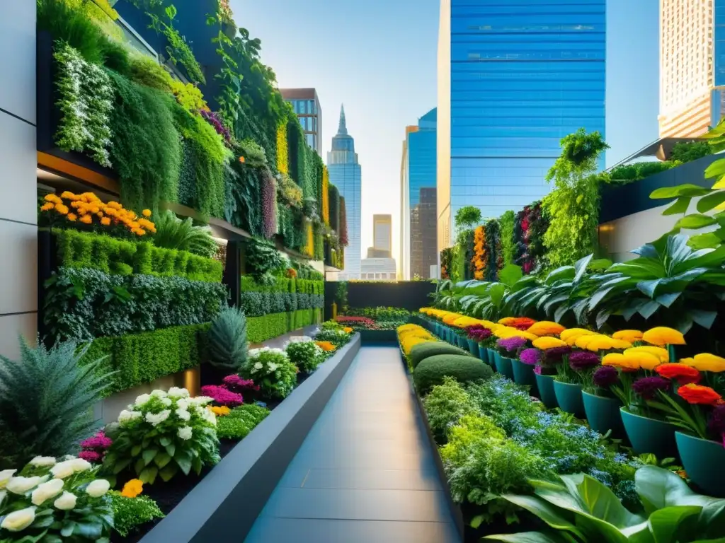 Una ciudad moderna y vibrante con rascacielos elegantes y calles bulliciosas, contrastada con exuberantes jardines verticales