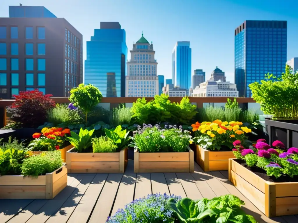 Un jardín de ciudad vibrante y moderno, con plantas exuberantes y huertos organizados