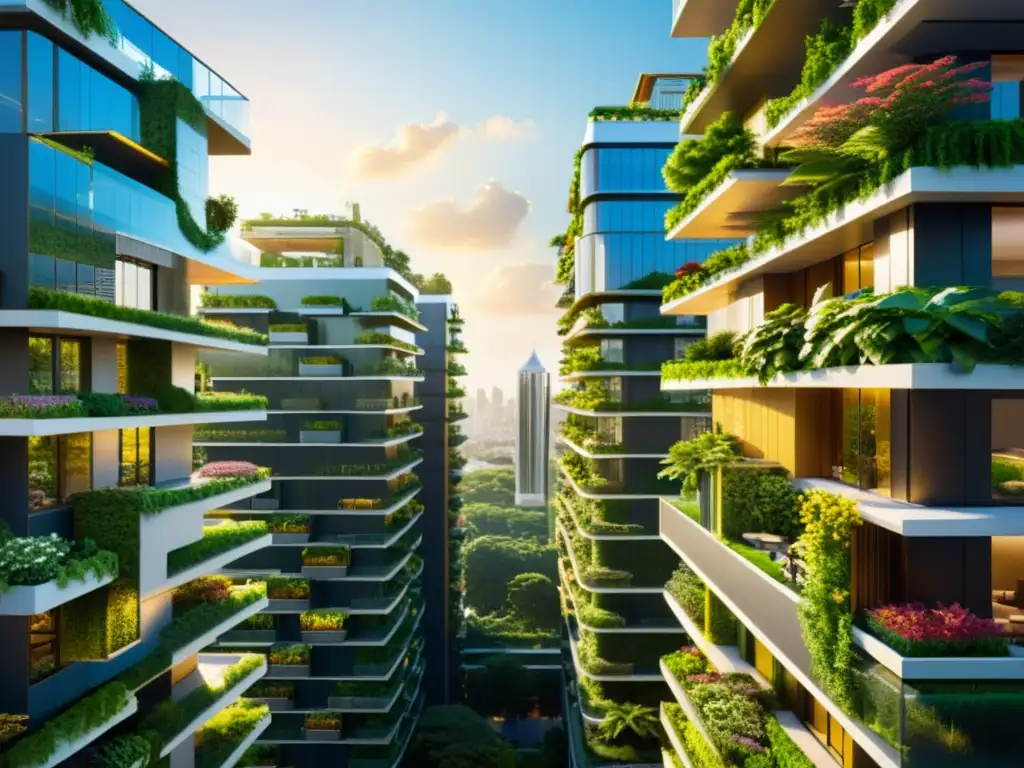 Una ciudad vibrante con rascacielos futuristas integrados con jardines verticales, creando un ambiente de cultivo vertical en ciudades