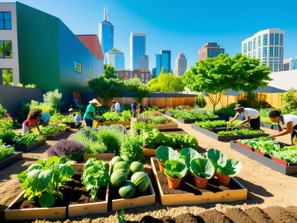 Participación ciudadana en huertos comunitarios: Una comunidad vibrante cuida un jardín lleno de frutas y verduras coloridas, bajo el sol y la ciudad