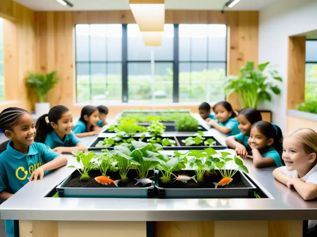 Clase moderna enseñando sostenibilidad a niños con acuaponía, peceras y plantas en un ambiente vibrante y lleno de luz natural