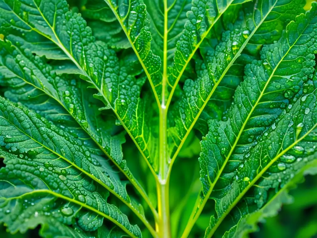 Un close-up detallado de hojas de col rizada vibrantes y frescas, con gotas de agua brillantes