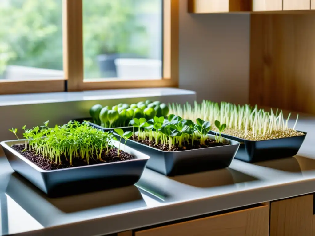 Una cocina moderna con brotes frescos y germinados en contenedores, bañados por la cálida luz del sol