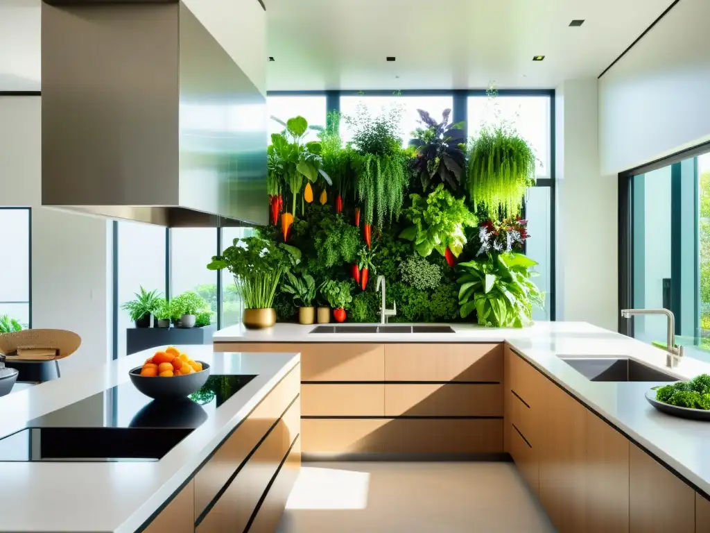 Una cocina moderna con huerto vertical rebosante de vegetales frescos