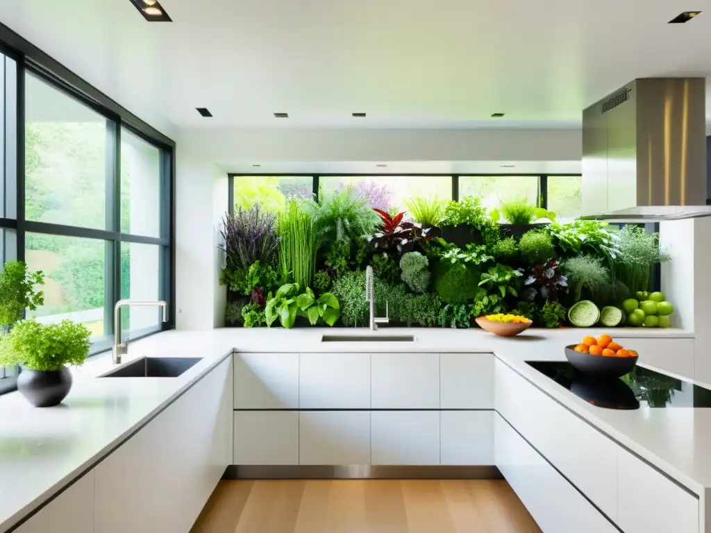 Una cocina moderna con huerto vertical lleno de plantas vibrantes