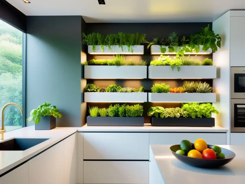 Una cocina moderna con huerto vertical de hierbas y vegetales