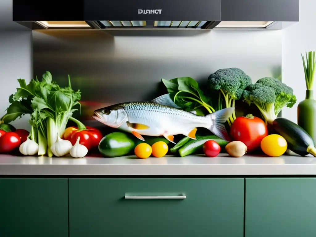 Una cocina moderna con variedad de vegetales y pescado fresco