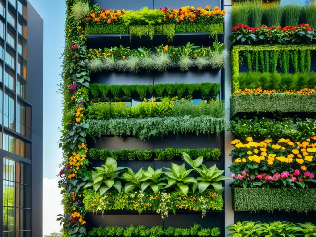 Un jardín colgante en huerto vertical con exuberante vegetación y flores coloridas en un patrón geométrico, integrado con arquitectura moderna