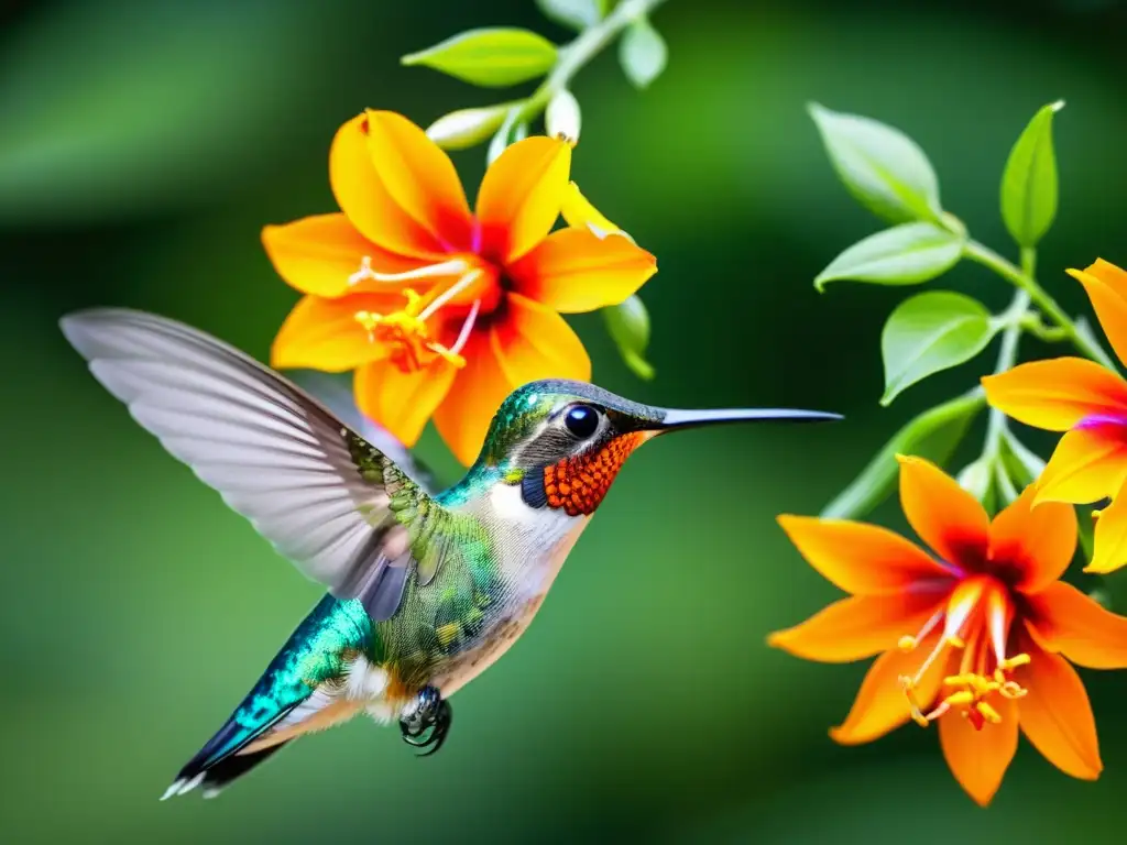 Un colibrí verde vibrante se cierne sobre una flor naranja brillante