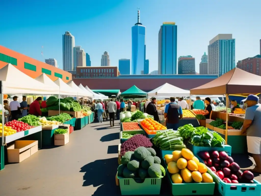 Colorida feria de agricultores urbanos con frutas y verduras frescas