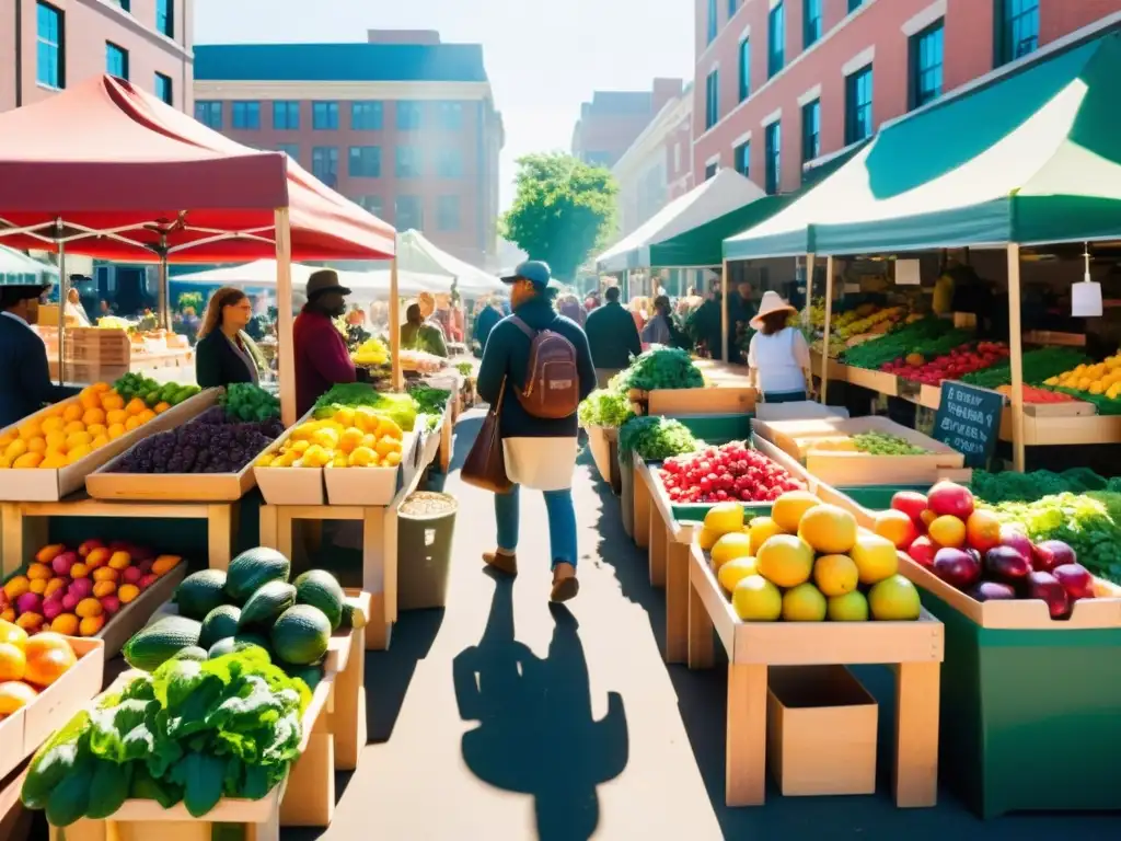 Una colorida feria urbana con frutas, verduras y productos artesanales en puestos de madera