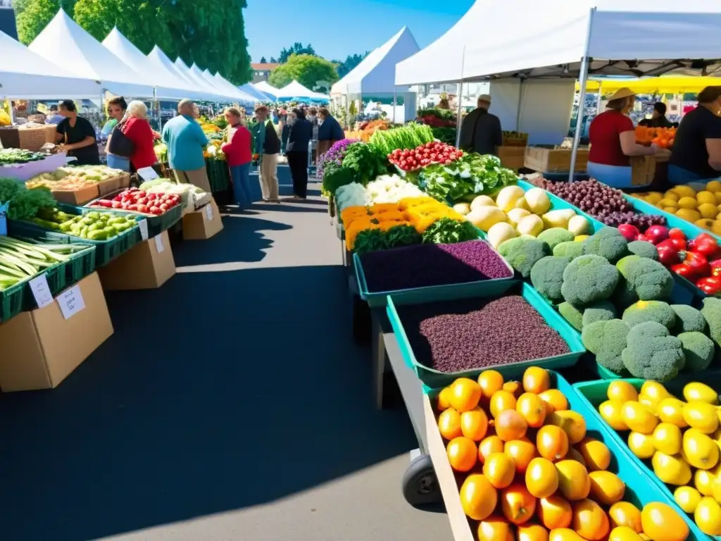 Colorida venta de productos agricultura urbana con puestos llenos de frutas, verduras y flores frescas