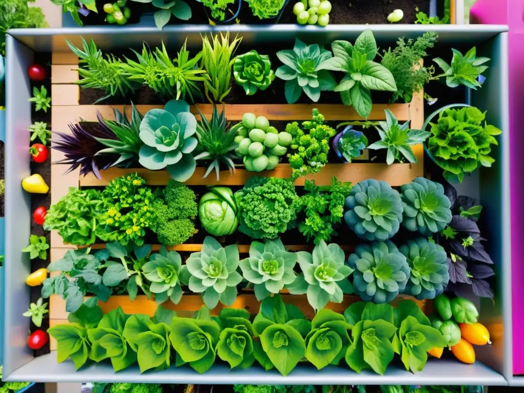 Colorido jardín escolar urbano con frutas, verduras y flores