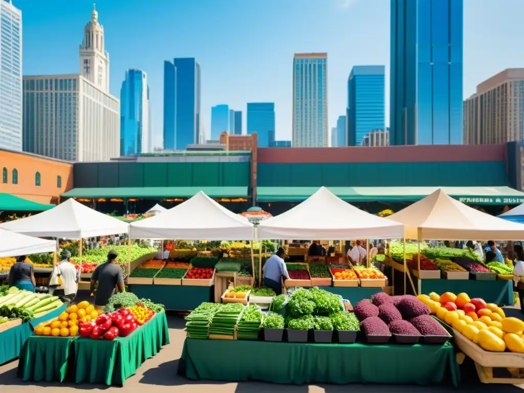 Colorido mercado urbano con puestos de productos frescos y artesanales