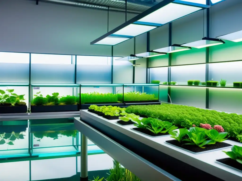 Acuaponía comercial vs doméstica: Sistema ultramoderno de acuaponía con tecnología y naturaleza integradas en un espacio contemporáneo y eficiente