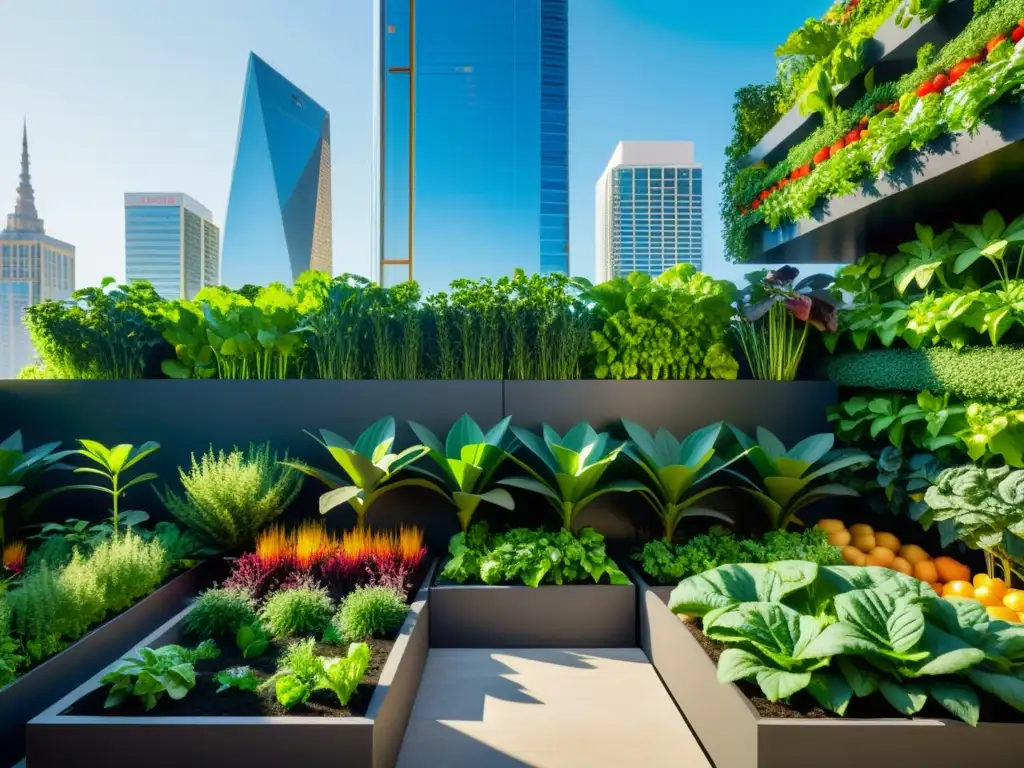 Un jardín comestible urbano vibrante y detallado en contraste con rascacielos, mostrando técnicas de paisajismo comestible urbano