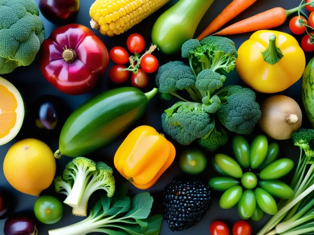 Arte urbano de frutas y verduras: diversidad y color Una composición artística y vibrante de frutas y verduras, destacando la diversidad y técnicas de conservación natural en huertos urbanos