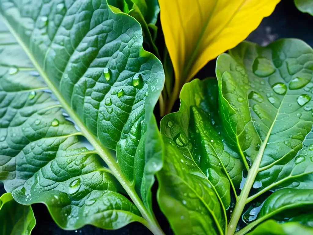 Una composición vibrante de lechugas y espinacas recién cosechadas, goteando agua