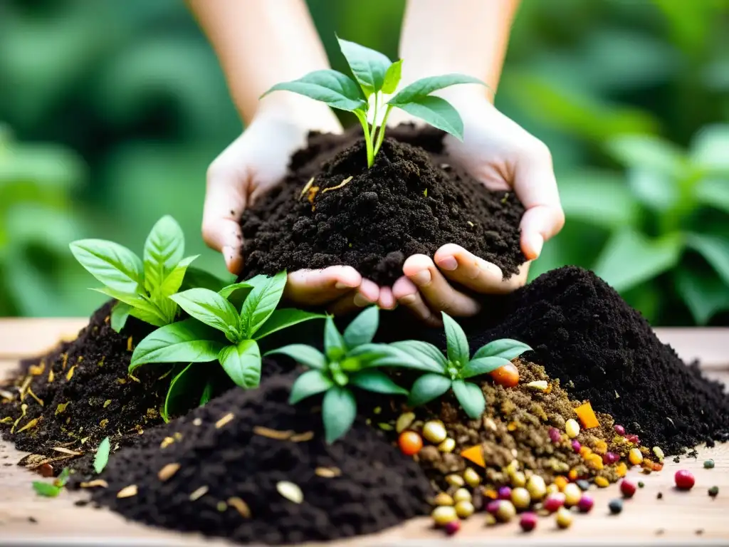 Compost equilibrado para plantas urbanas: una pila de compost con capas de materiales orgánicos rodeada de plantas en macetas vibrantes y saludables