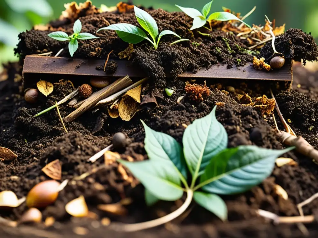 Compost equilibrado para plantas urbanas: Pila de compost en capas con materia orgánica verde y marrón, revelando su complejo mundo de descomposición