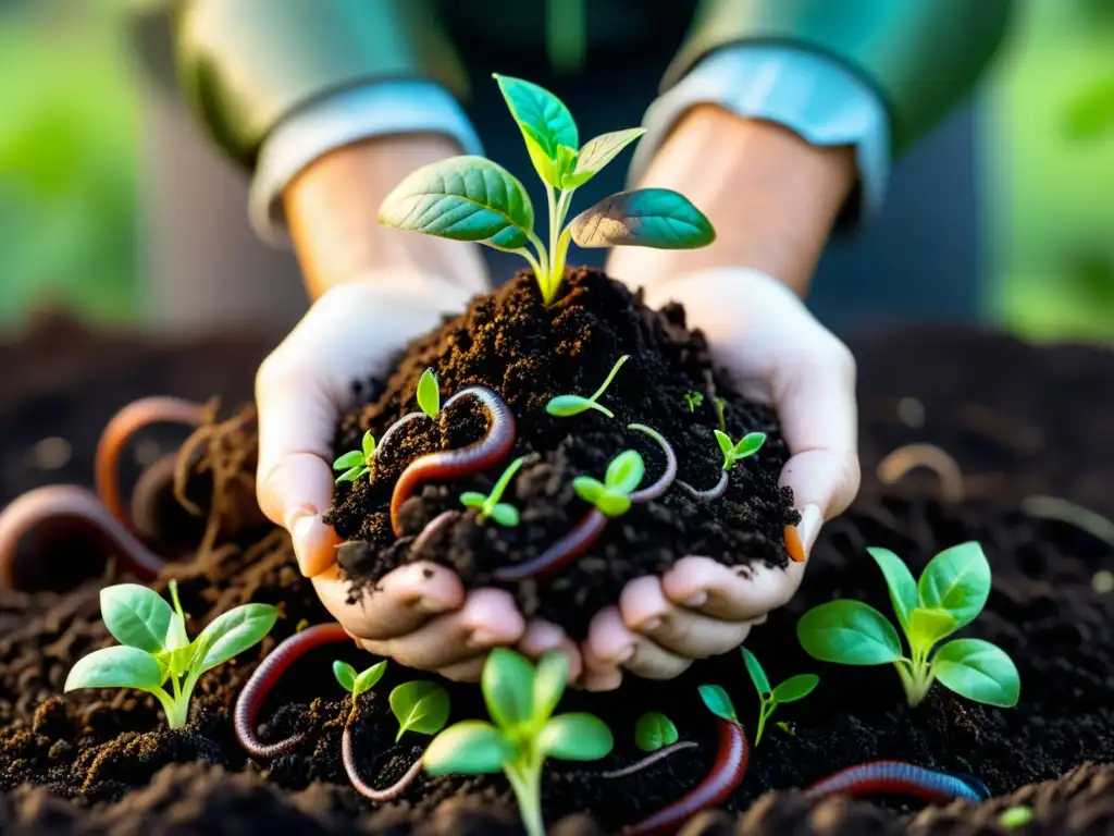 Compost vivo: fertilidad natural para jardines urbanos Compost oscuro lleno de lombrices y microorganismos beneficiosos, rodeado de plantas vibrantes
