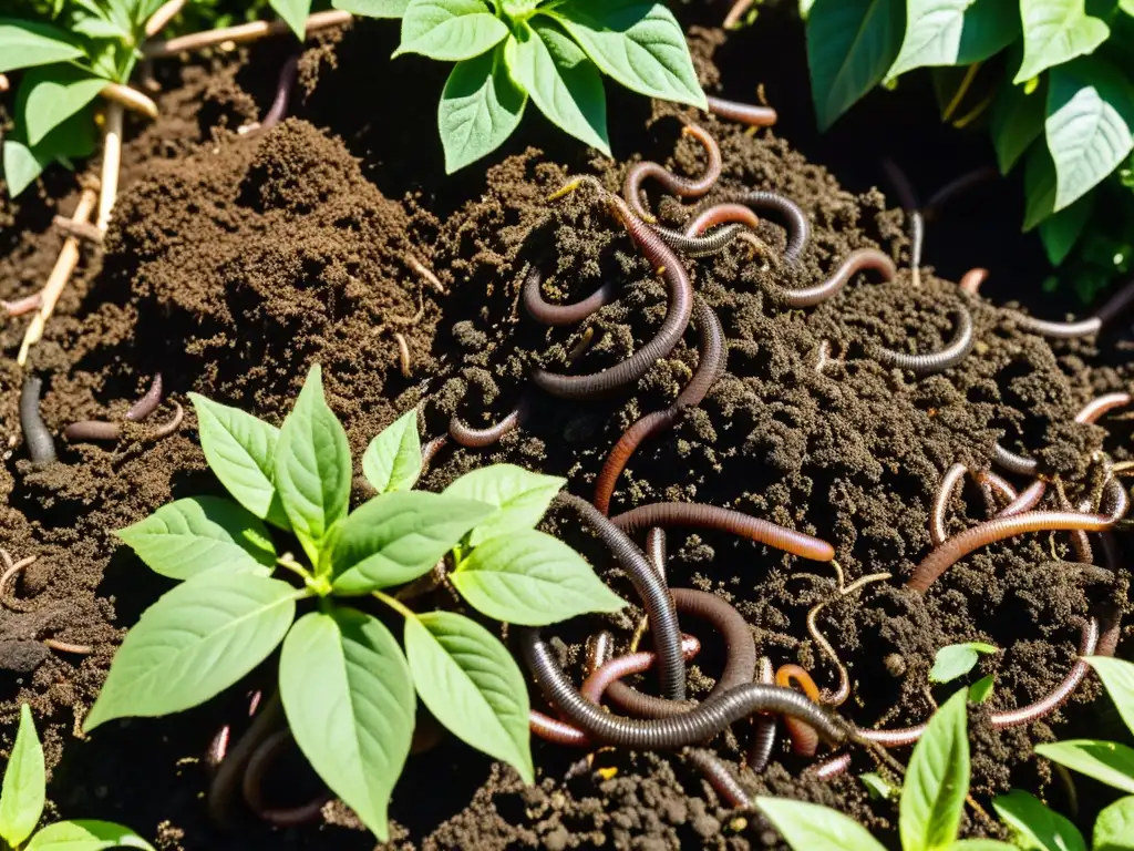 Compost oscuro y rico lleno de lombrices y microorganismos beneficiosos, acelerando descomposición residuos orgánicos en jardín exuberante