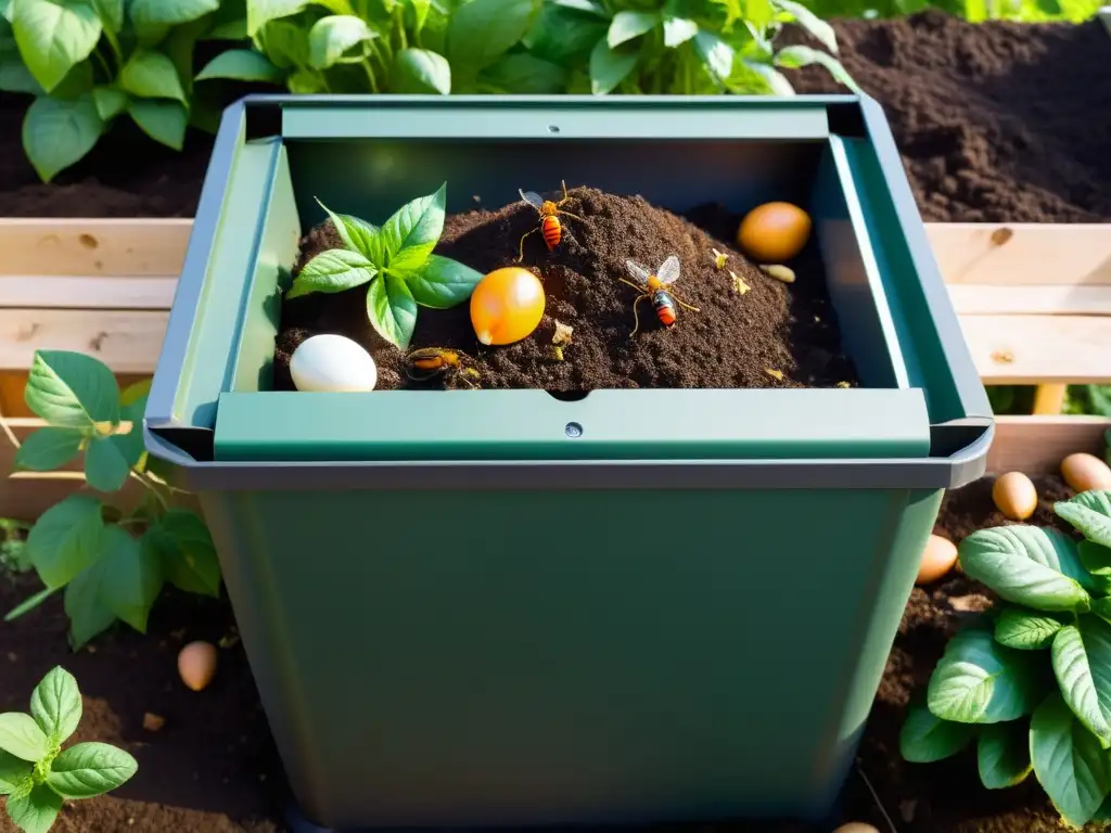 Un compost urbano próspero, teñido de luz cálida entre hojas, rebosante de vida y diversidad natural