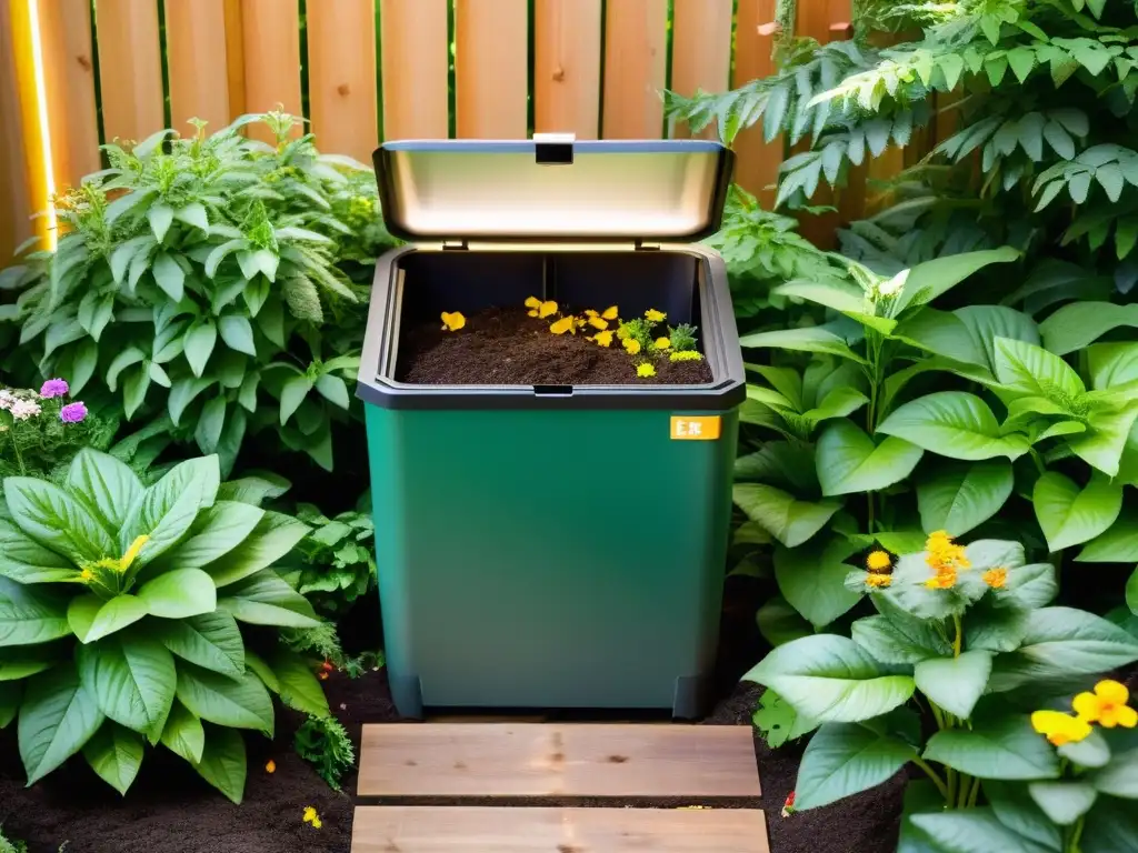 Un compost urbano rodeado de plantas exuberantes, previniendo plagas