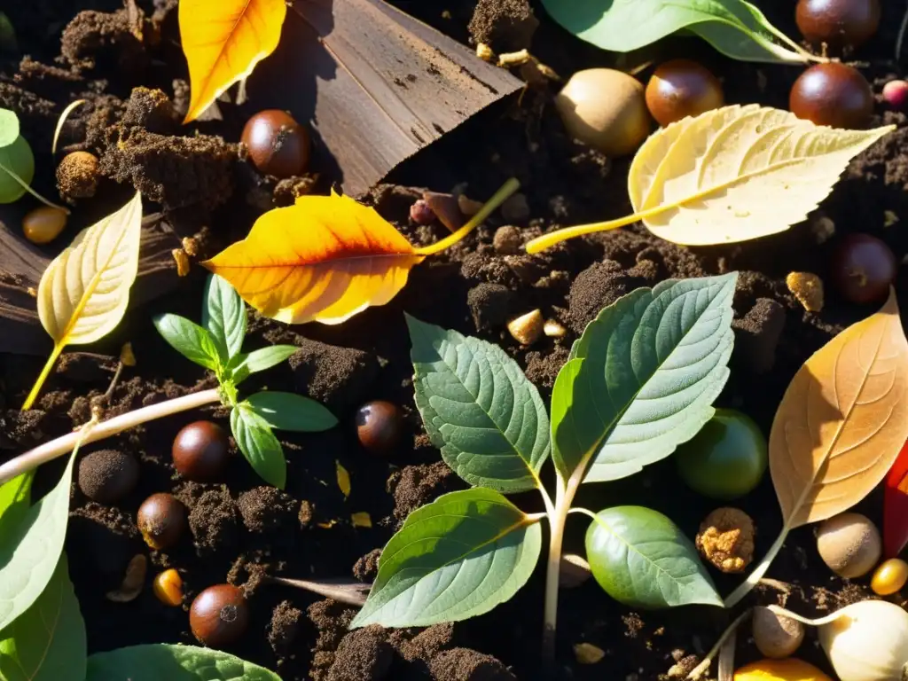 Compostaje activo acelera descomposición residuos orgánicos, con capas de desechos orgánicos, hojas y tierra, destacando el proceso natural